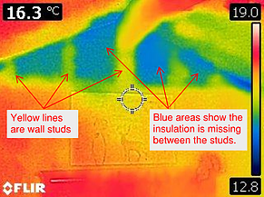 Thermal imaging (infrared) scans can identify missing insulation. The blue colored areas of this wall are not insulated.